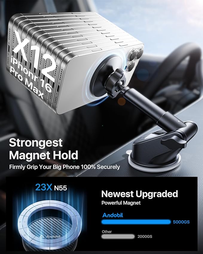 【True Military-Grade】andobil 3 in1 Magnetic Phone Holder for Car Dashboard Windshield Vent 【Upgrade Suction & Strongest Magnet】Retractable for MagSafe Car Mount for iPhone 17 16 15 14 Pro Max Sumsung