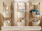 Handcrafted Bamboo Blanket Ladder with 2 Large Woven Storage Baskets, 55in Tall, Boho Wall-Leaning Decorative Rack for Living