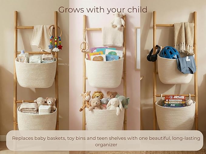 Handcrafted Bamboo Blanket Ladder with 2 Large Woven Storage Baskets, 55in Tall, Boho Wall-Leaning Decorative Rack for Living