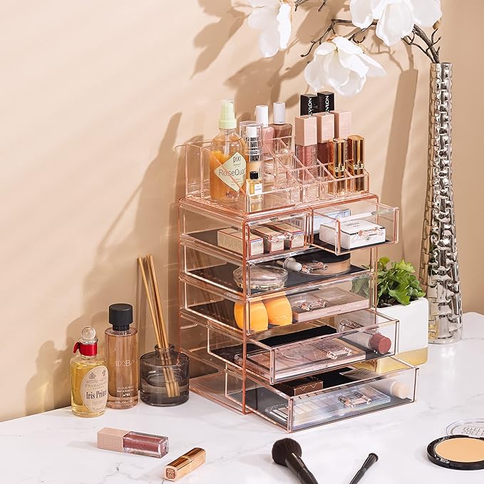 Sorbus Acrylic Makeup Organizer Set, 6-Drawer Vanity & Countertop Cosmetic Storage with Small & Wide Compartments, Pink Makeu