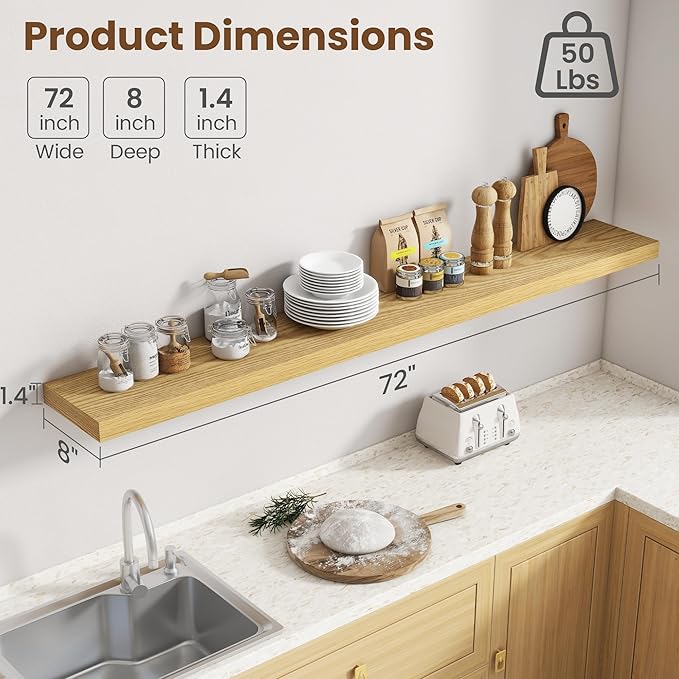 72 Inch Floating Shelves for Wall, 8 Inch Deep Floating Shelf for Storage & Display, Rustic Wall Mounted Shelf with Invisible
