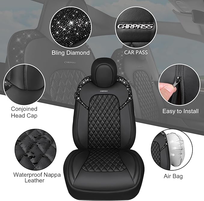 CAR PASS Car Seat Covers for Tesla Model 3 Nappa Leather Bling Diamond Car Seat Protector Full Coverage Airbag Compatible Cus
