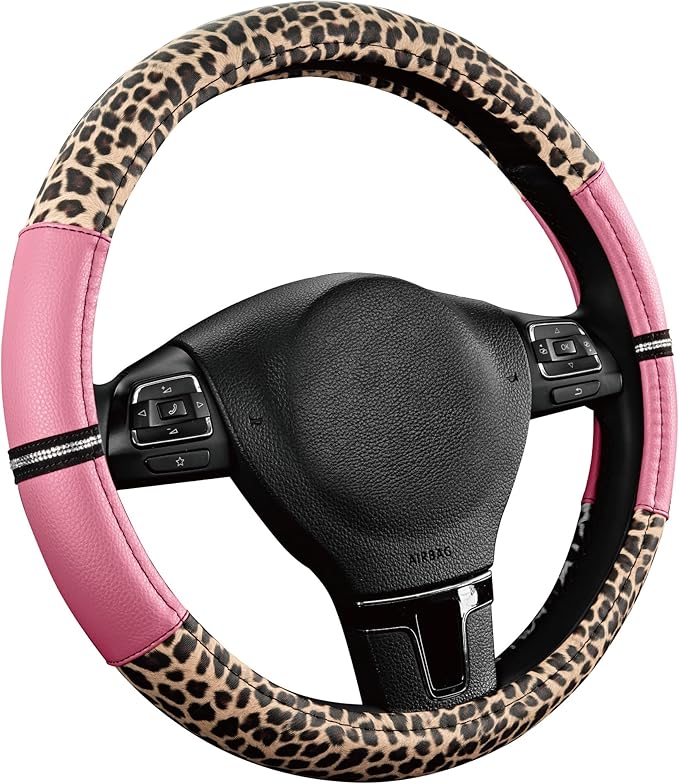 Road Comforts Leopard Steering Wheel Cover for Women, Cute Anti-Slip Microfiber Leather, Universal Fit 14.5-15 Inch Round Ste