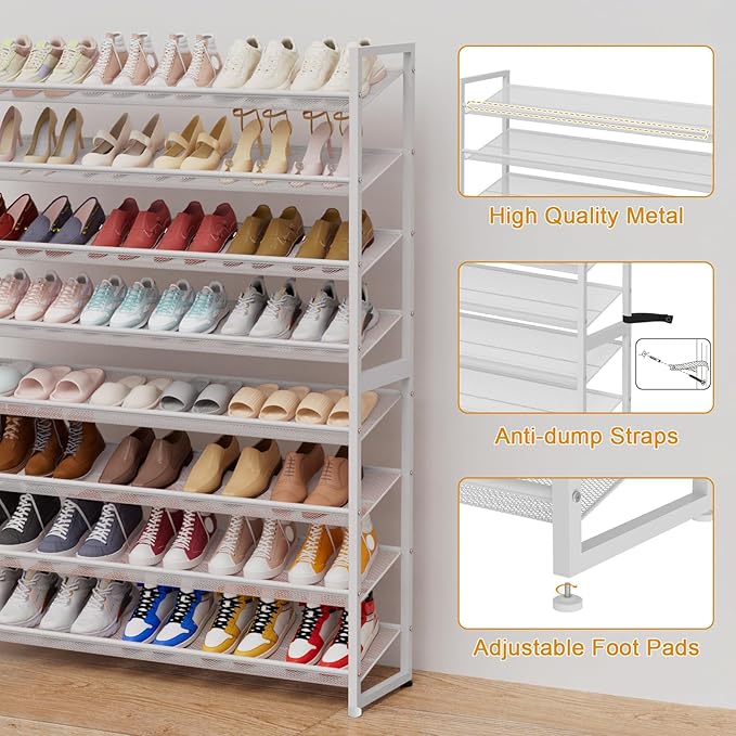 Large Shoe Rack 8 Tier Shoe Organizer, Heavy Duty Metal 4-Tier Stackable Shoe Storage Vertical Shoe Rack for Closet Front Doo