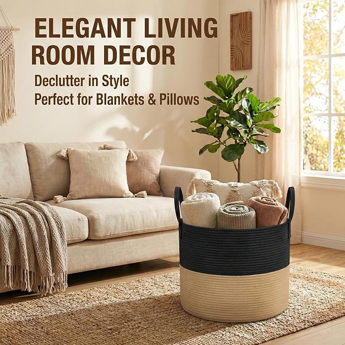JMvicyroam 65L Extra Large Blanket Basket for Living Room - Woven Cotton Rope Laundry Hamper with Reinforced Handles - Storag