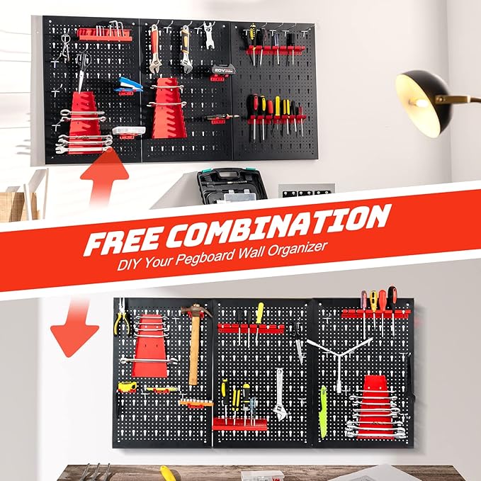 Goplus Garage Pegboard Tool Organizer, 4ft Metal Pegboard Wall Organizer w/3 Pegboards, Drill Bit Rack, Wrench Rack, Hooks Ac