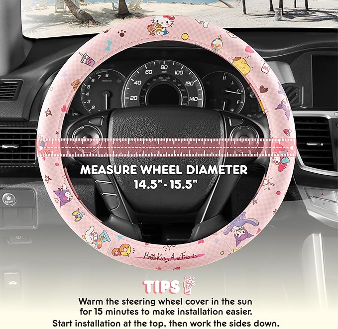 Hello Kitty and Friends Steering Wheel Cover, Universal Fit Cute Accessories for Women, Stylish Decor Gift Hello Accessories - Fits Standard Wheels 14.5"-15"