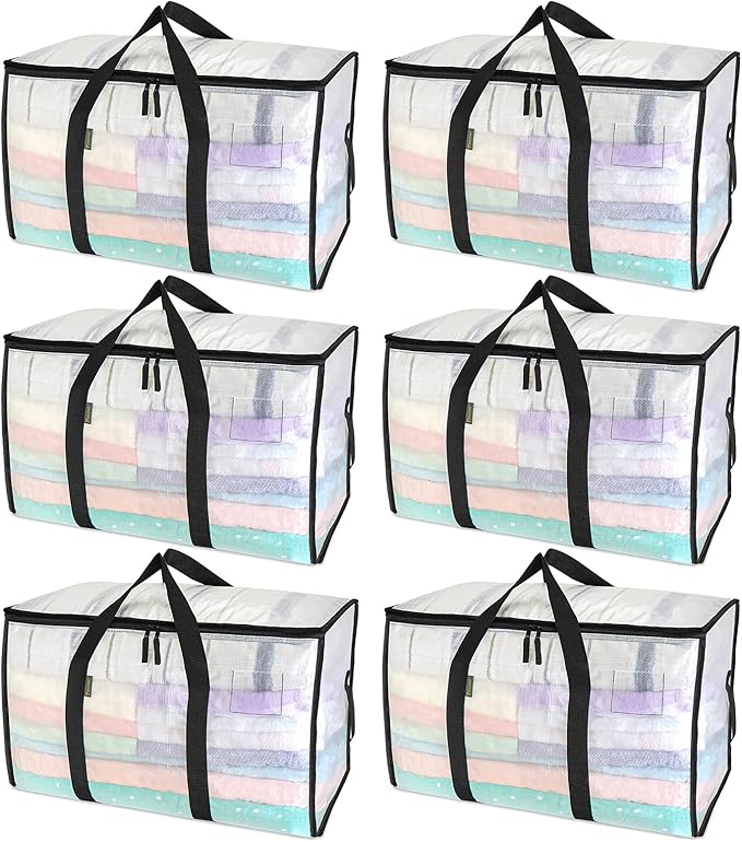 BALEINE 6-Pack Oversized Moving Bags with Reinforced Handles, Heavy-Duty Storage Tote for Clothes, Moving Supplies (Clear, 6-