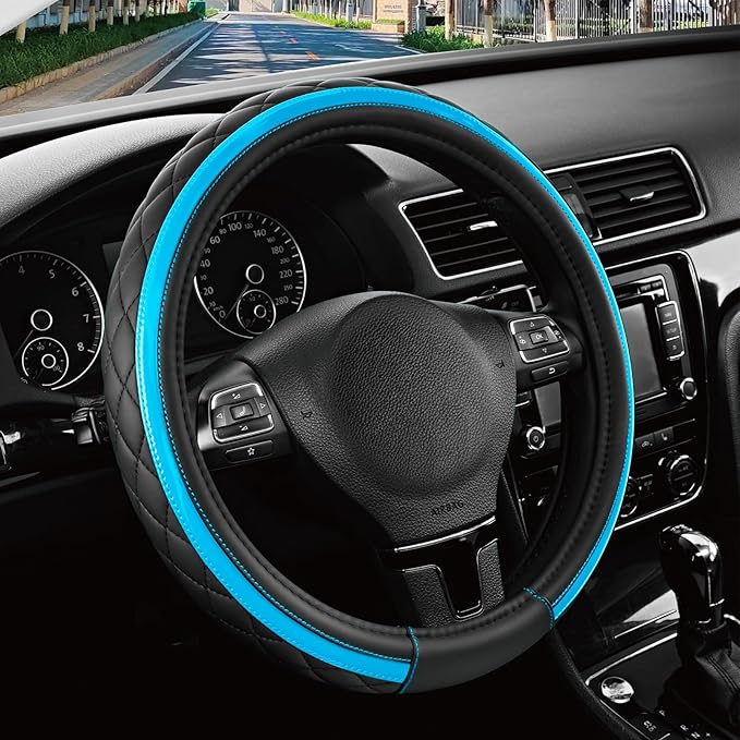 Road Comforts Leather Steering Wheel Cover – Black & Blue, Universal Fit 14.5-15 Inch, Microfiber Leather, Anti-Slip & Breath