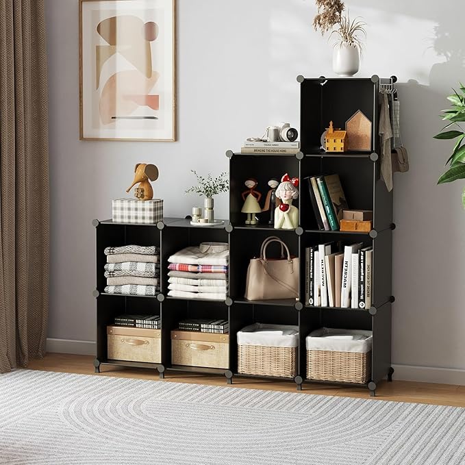 AWTATOS Cube Storage Organizer Closet Storage Shelves DIY Stackable Plastic Storage 12 Cube Bookshelf, Ideal Storage Organize