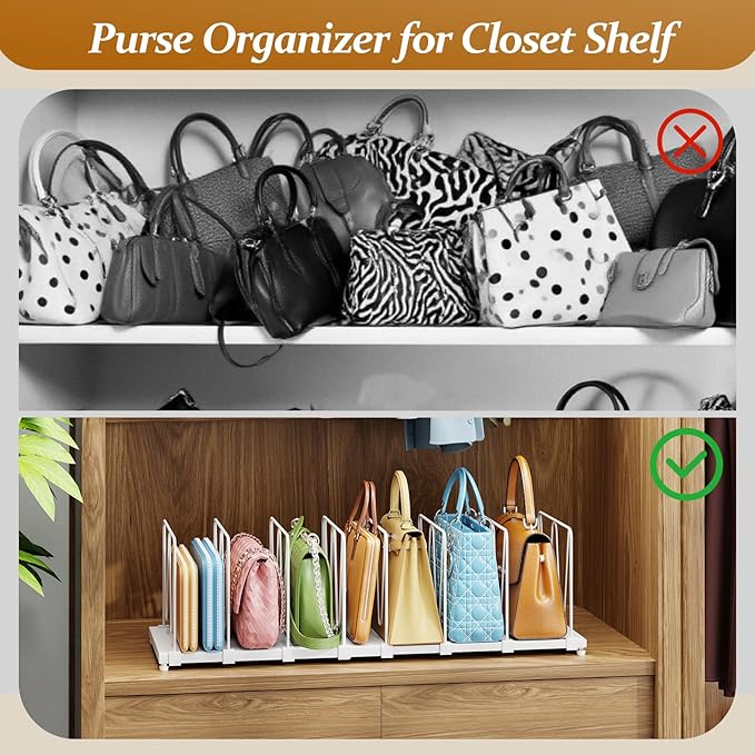 Dmevkic Extendable Purse Organizers Purse Storage. Length 16-28 in. Bag Organizer Purse Holder for Closet with 8 Adjustable S