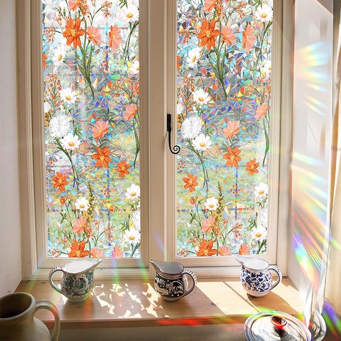 Niviy Orange Wildflowers Stained Glass Window Film, Rainbow Window Film Glass Decals Static Cling Stickers, Windows Tint for Home Bathroom (16.93 x 39.37inch)