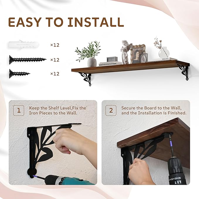 Solid Wood Floating Shelves for Wall with Metal Brackets,2 Tier 48 inch Pinewood Wall Shelf,Suitable for Multiple Places Such