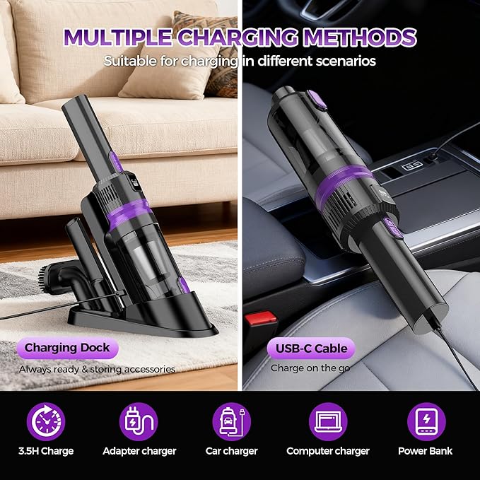 Handheld Vacuum Cordless Rechargeable 2-Speed Modes| 3-in-1 Portable Cordless Vacuum Cleaner with Charging Dock, for Car Home