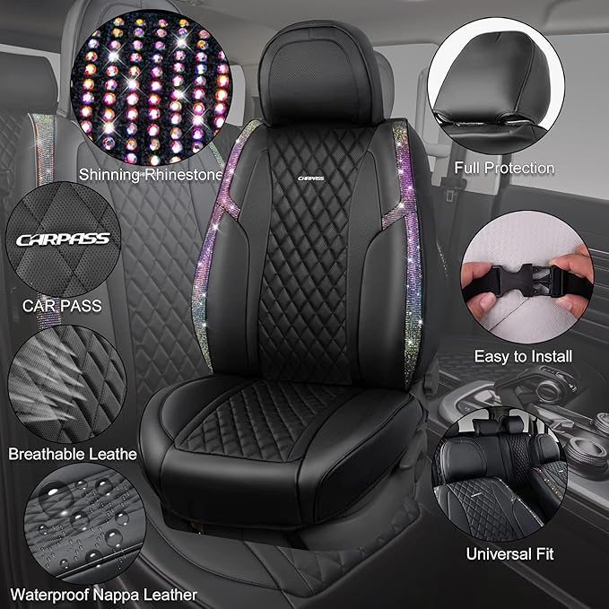CAR PASS Iridescent Diamond &NAPPA Calfskin Leather Cushioned,Bling Seat Covers,Waterproof Heavy-Duty Anti-Slip,Universal Fit