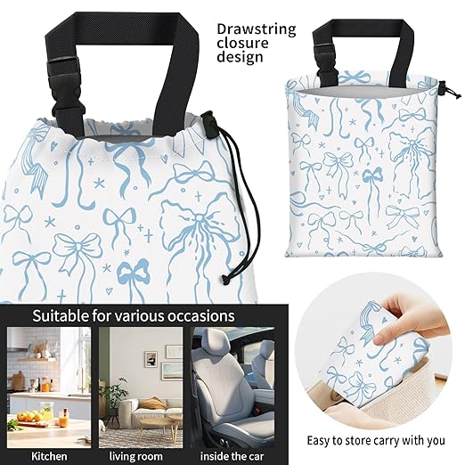 Car Trash Bag Large Hanging Can for Back of Seat, Cute Waterproof Car Garbage Bag for Vehicle, Travelling, Outdoor Cute Blue White Bow