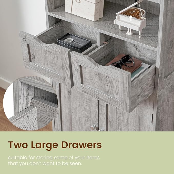 Iwell Storage Cabinet with 2 Drawers & Adjustable Shelf, Tall Bathroom Cabinet with Doors, Cupboard, Kitchen Cabinets for Liv