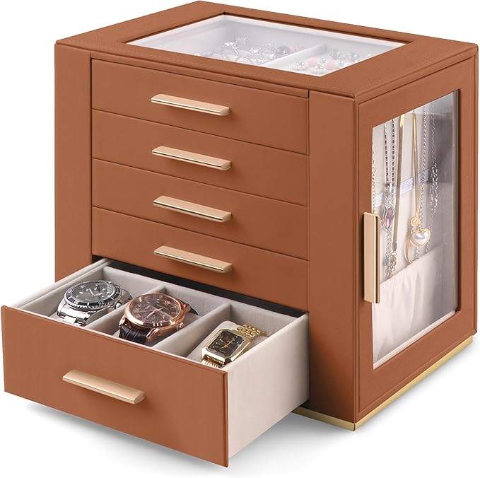 Homeanda Jewelry Box for Women with Glass Lid, 5 Drawers Jewelry Organizer and Storage for Necklaces, Rings, Earrings, Bracel