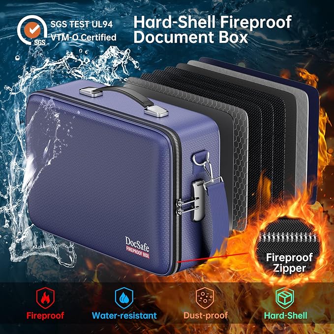 DocSafe Fireproof Document Box with Lock＆Shoulder Strap,Hard Case File Organizer with Accordion File Folder,Multi-Layer Porta