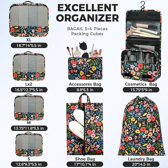 BAGAIL 9 Set Packing Cubes with Packing List Luggage Packing Organizers for Travel Accessories (Black floral)