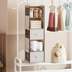 YOUDENOVA Hanging Closet Organizer, 5 Tier Hanging Closet Shelves with 6 Side Pockets and 2 Drawers, Beige