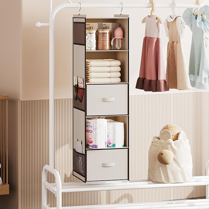 YOUDENOVA Hanging Closet Organizer, 5 Tier Hanging Closet Shelves with 6 Side Pockets and 2 Drawers, Beige