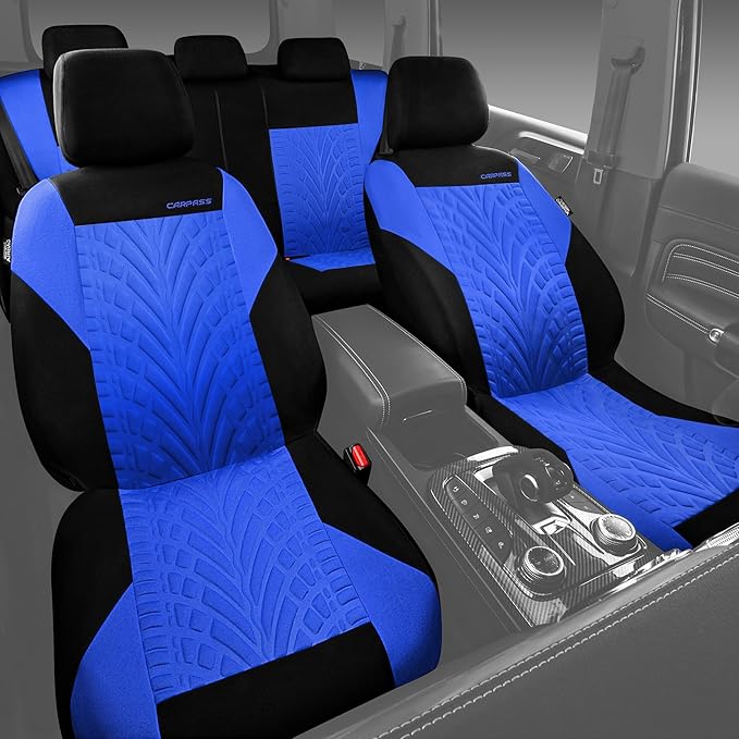 CAR PASS Car Seat Covers Full Sets, Front & Split Rear Bench for Car, 3D Tyre Embossed Automotive Interior Covers, Airbag Com