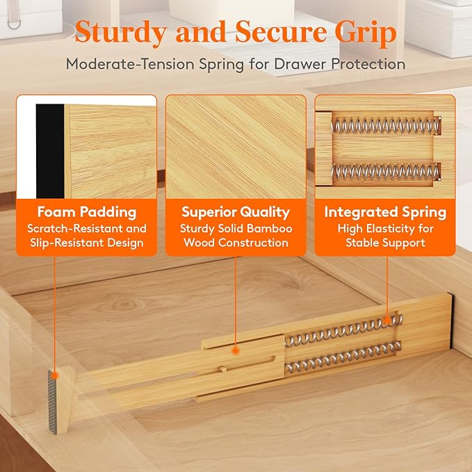 Lifewit 2.4" High 6 Pack Bamboo Drawer Dividers 33-42cm/13-16.5" Adjustable Wooden Drawer Organizer for Clothes/Utensils, Exp