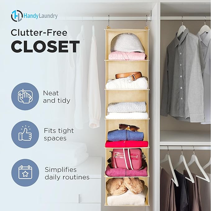 Handy Laundry Hanging Closet Organizer - 6 Shelf Storage for Clothes, Sweaters, Shoes & Accessories - Space-Saving Wardrobe S