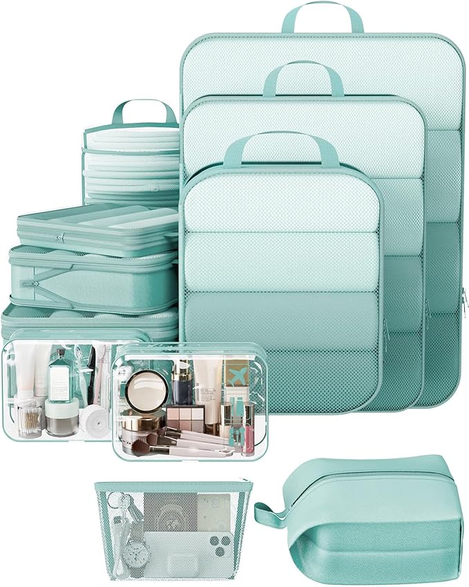 Veken 11 Set Compression Packing Cubes for Travel Essentials,Compressible Expandable Large Luggage Suitcase Organizer Bags fo