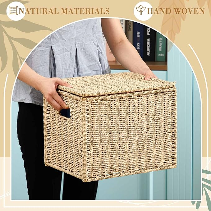 Jingmore 2 Pack Paper Rope File Box Organizers Collapsible Letter Size Filing Cabinet with Lid Woven Hanging File Basket Port