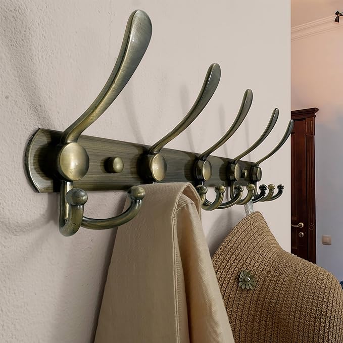 Dseap Wall Mounted Coat Rack - 5 Tri Hooks, Heavy Duty, Stainless Steel, Metal Coat Hook Rail for Coat Hat Towel Purse Robes 
