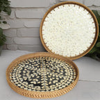 16" Large Natural Rattan & White Mother of Pearl Lazy Susan, Boho Rotating Turntable Serving Tray for Dining Table Centerpiec