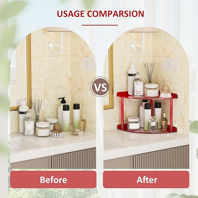 Sezanrpt 2 Tier Acrylic Corner Shelf Organizer Storage 9.5x9.5x8 Inch, Red Countertop Corner Shelf for Bathroom, Kitchen, Bed