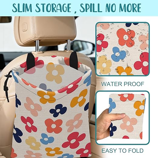 Car Garbage Bag Retro Colorful Flowers Drawstring Car Trash Bag Hanging for Back Seat with Adjustable Buckle Canvas Vehicle Trash Can Easy-to-Install