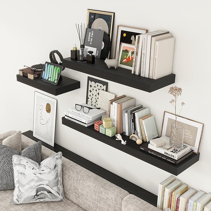 48 Inch Black Floating Shelf | 12 Inch Deep Floating Shelves Set of 1 | 48" D x 12" D Rustic Wood Shelves for Wall | Deep Bla
