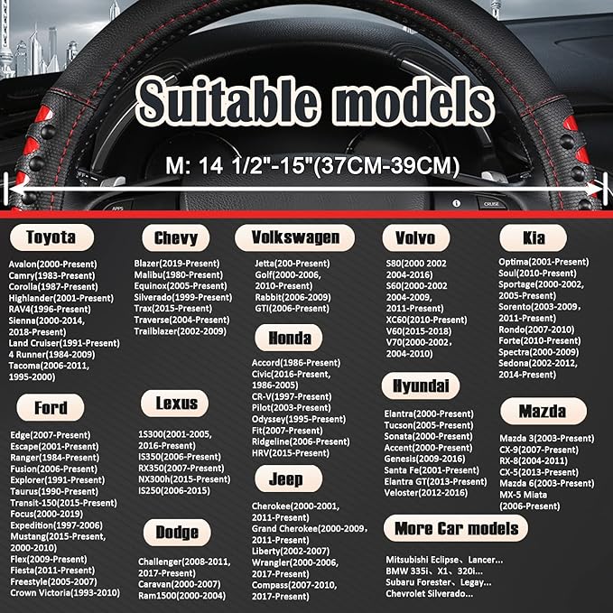 West Llama Microfiber Leather Car Steering Wheel Cover for Men Women,Universal Fit 14.5-15 inch(Leather Nails-Red+Black-Stand