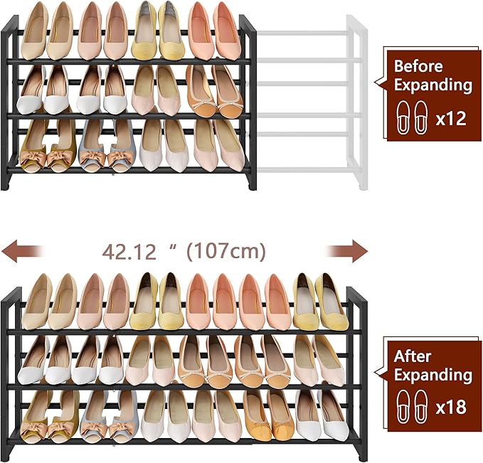 FAVOOSTY 3-Tier Expandable Shoe Rack, Adjustable Shoe Shelf Storage Organizer Space Saving Metal Free Standing Shoe Rack for 
