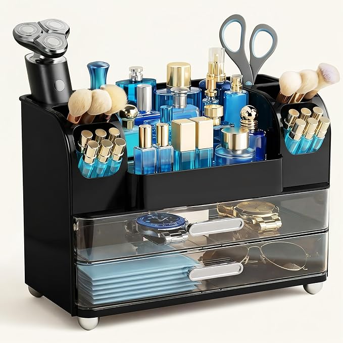 HBlife Makeup Organizer for Vanity with Brush Holder, Cologne Organizer for Men, Large Bathroom Countertop Cosmetic Organizer
