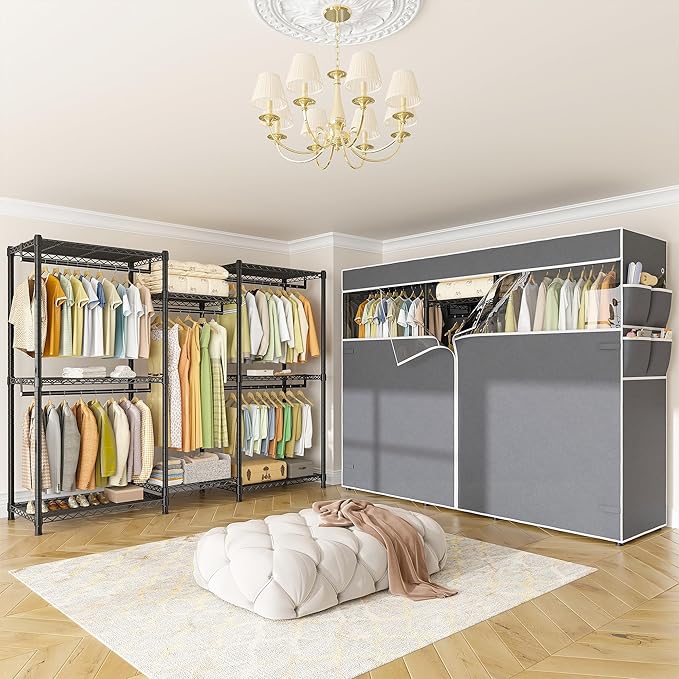 Raybee Clothes Rack with Cover,Clothing Racks for Hanging Clothes Heavy Duty,Portable Closet with Shelves,Adjustable,Loads 90