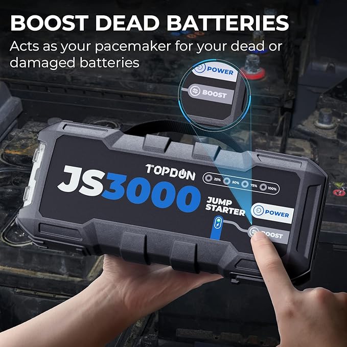 JS3000 12V 3000A Battery Booster Jump Starter Pack for Up to 9L Gas/ 7L Diesel Engines, Portable Car Battery Charger with