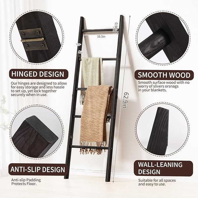 XLHOMO Blanket Ladder for Living Room, 5-Tier Wooden Ladder Shelf, Rustic Decorative Blanket Rack for Blankets, Quilts, Farmh