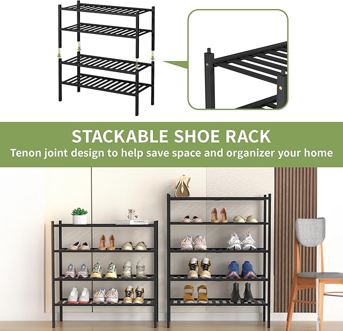 ROMGUAR CRAFT 5 Tier Bamboo Shoe Rack for Closet Free Standing Wood Shoe Shelf for Entryway Small Space Stackable 27"x11"x33"