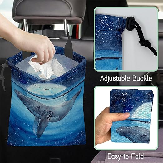 Watercolor Blue Whale Car Garbage Bag,Moon Starry Night Waterproof Small Car Trash Bag Hanging Back of Seat,Drawstring Hanging Car Trash Bag with Adjustable Buckle for Car Accessories