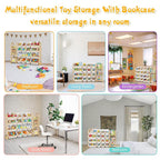 Kids Toy Storage Organizer with Bookshelf – Wooden Shelf with 16 Bins & 3 Shelves, Quick Assembly Storage Rack for Playroom, 