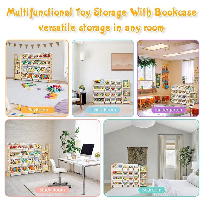 Kids Toy Storage Organizer with Bookshelf – Wooden Shelf with 16 Bins & 3 Shelves, Quick Assembly Storage Rack for Playroom, 