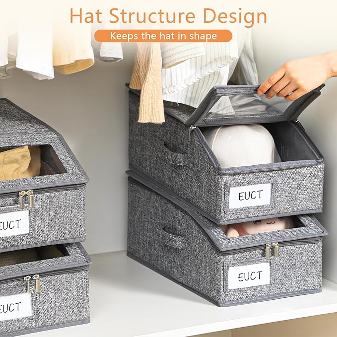 4 Pack Grey Hat Organizer for Baseball Cap, Hat Storage for Closet with Clear Window, Breathable Fabric Hat Box for Snacks, T