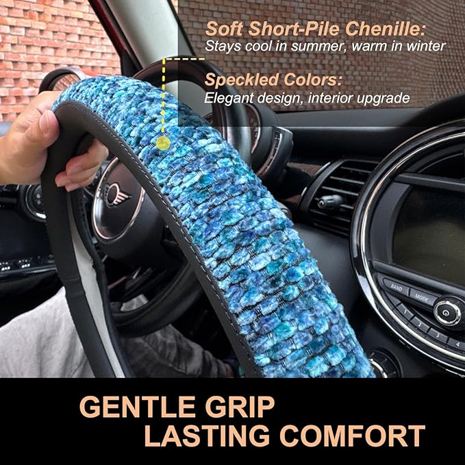PINCTROT D Shaped Chenille Leather Steering Wheel Cover, Soft Mottled Colors, Sweat-Proof, Non-Slip Grip, All-Season Comfort,