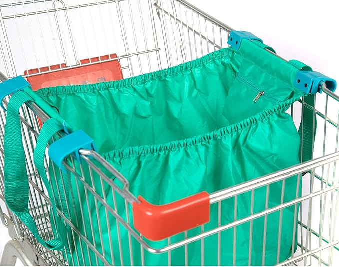 Handy Sandy Cart Caddy – 3-Pack Reusable Shopping Bags with Cart Clips | Heavy-Duty Grocery Organizer Tote Set | Eco-Friendly, Foldable, 40 lb Capacity | Green