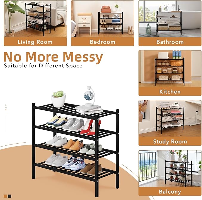 4 Tier Bamboo Shoe Rack Storage Organizer for Closet, Multifunctional Stackable Free Standing Shoe Shelf Organizer for Small 